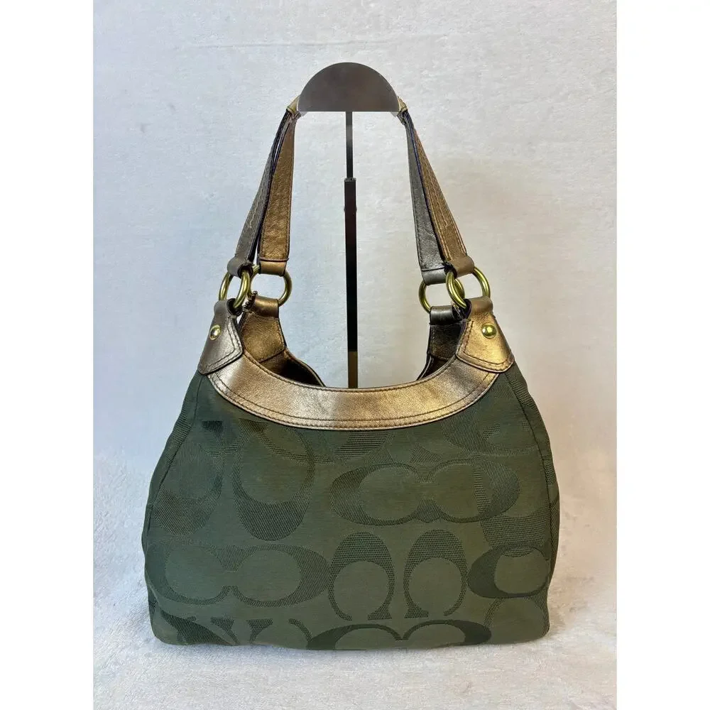 Coach Soho Lynn Signature C Hobo, Olive Green with Metallic Leather Trim, Charm